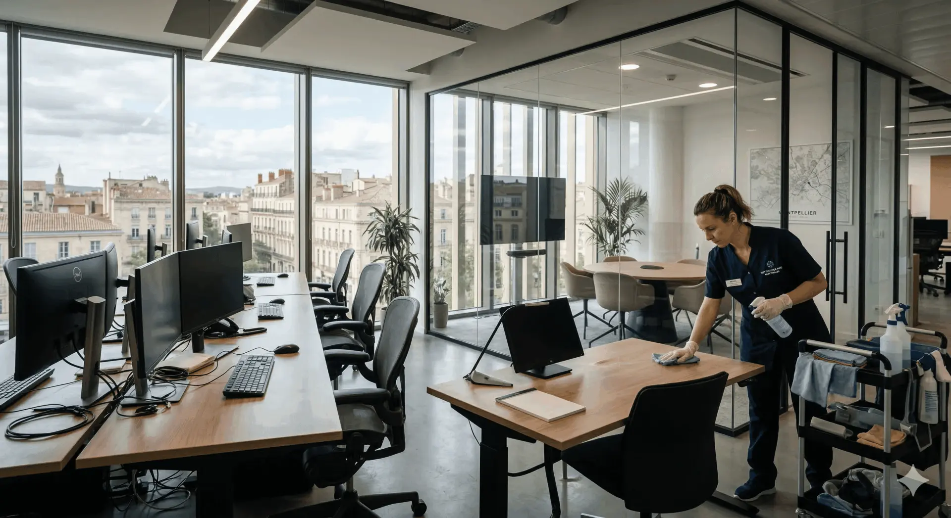 Agente d’entretien nettoyant des bureaux lumineux à Montpellier