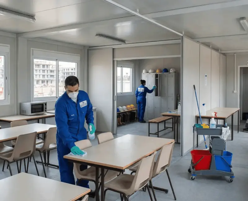 Agents de nettoyage dans une base de vie de chantier, Hérault