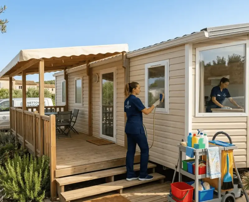 Nettoyage d’un mobil-home dans un camping de l’Hérault