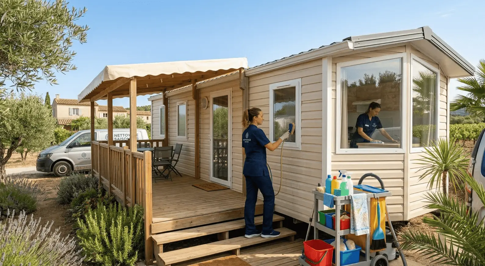 Nettoyage d’un mobil-home dans un camping de l’Hérault