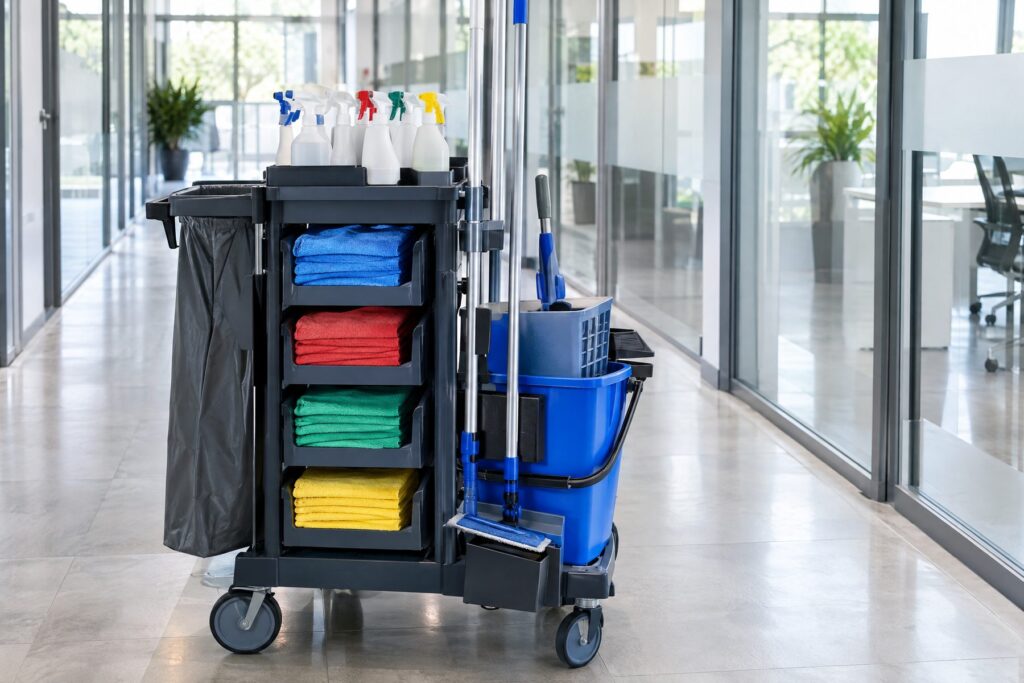 Chariot de ménage avec lavettes microfibres de quatre couleurs dans un couloir de bureaux