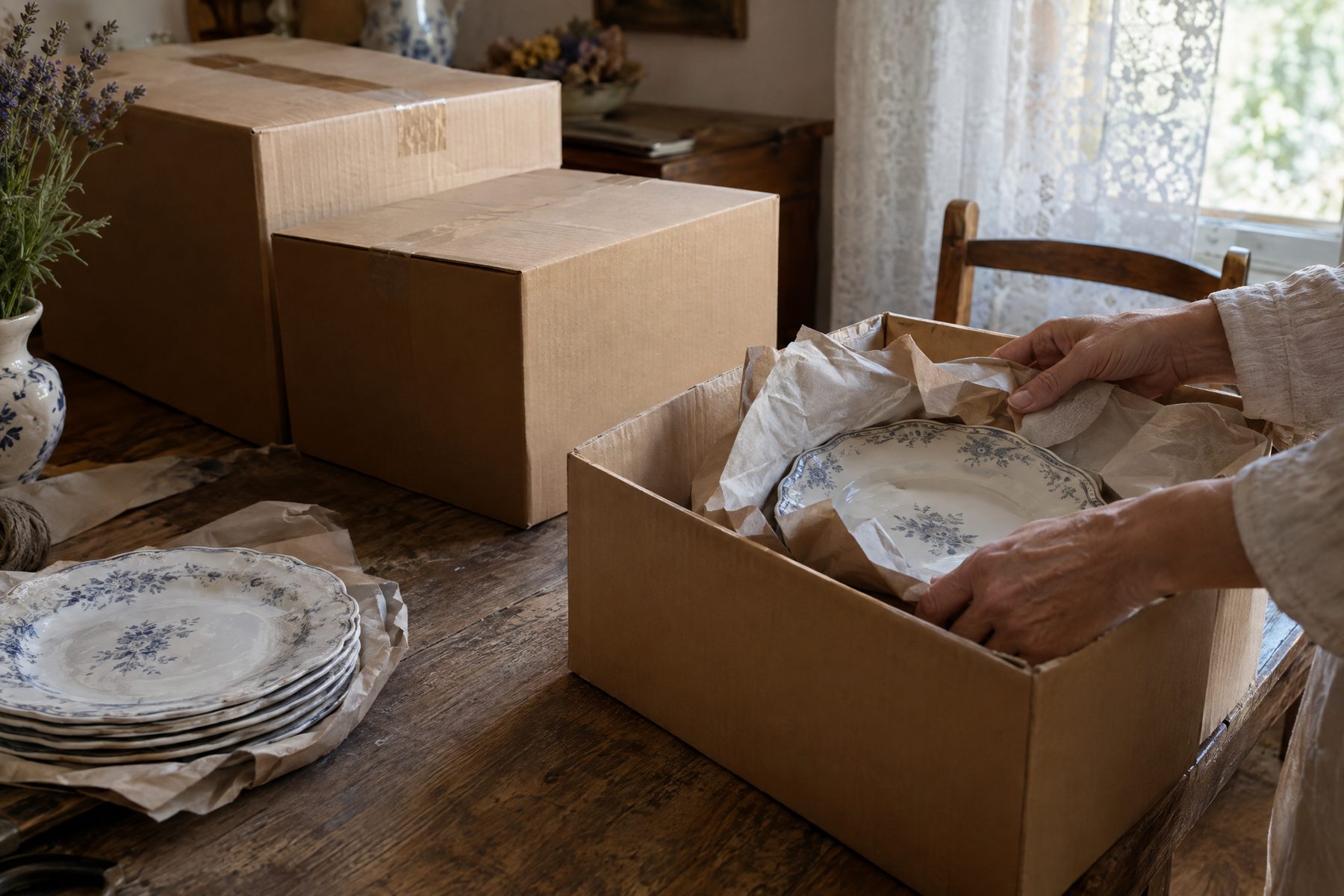 Mains emballant des assiettes en porcelaine dans du papier sur la table d’une cuisine provençale