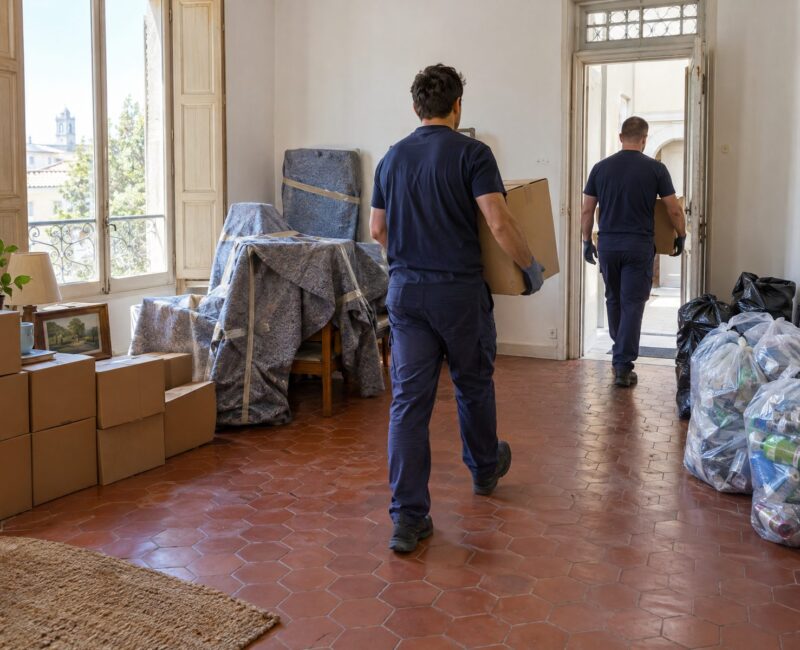 Deux intervenants vus de dos transportent des cartons hors d’un appartement lumineux où les objets sont triés par catégories