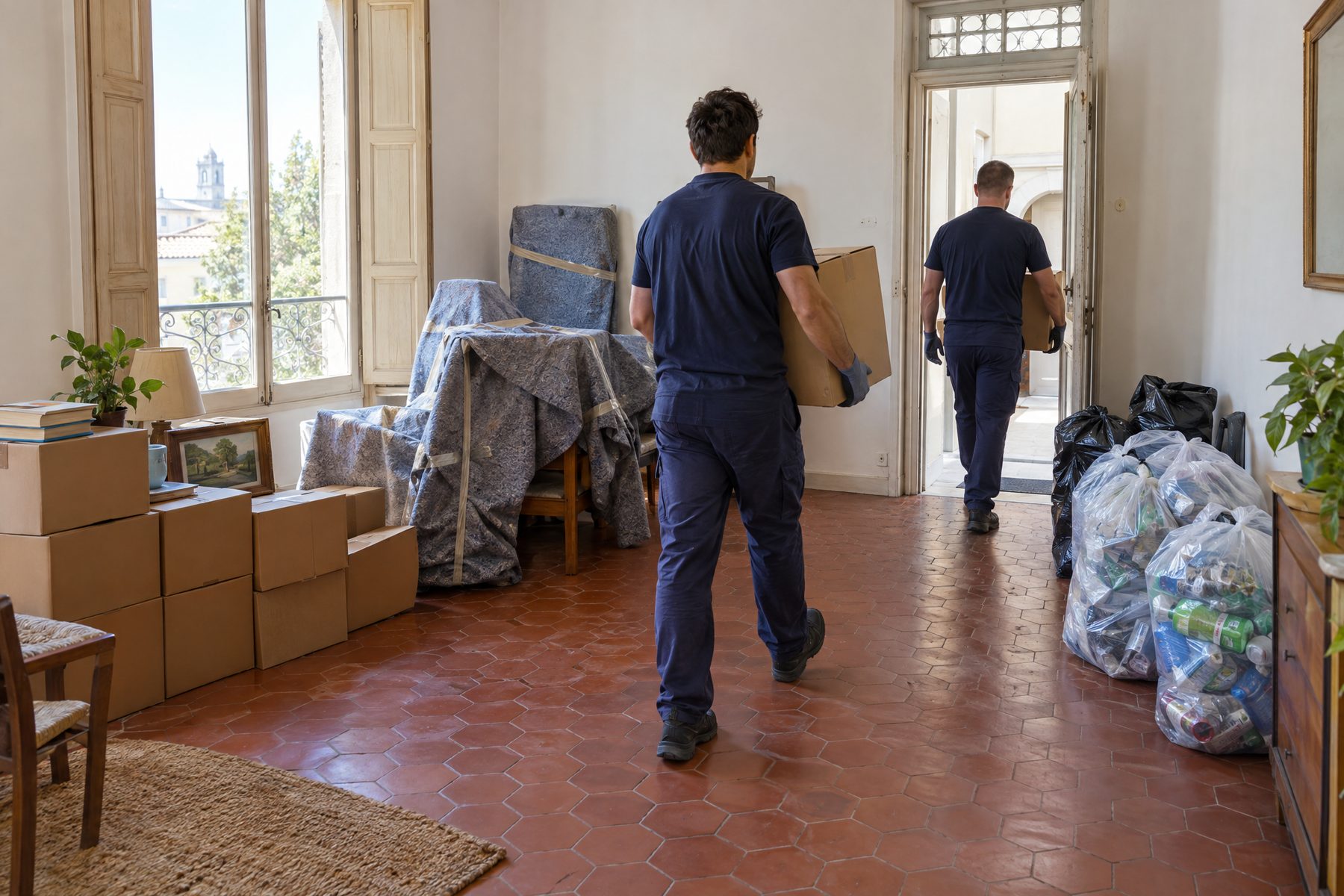 Deux intervenants vus de dos transportent des cartons hors d’un appartement lumineux où les objets sont triés par catégories