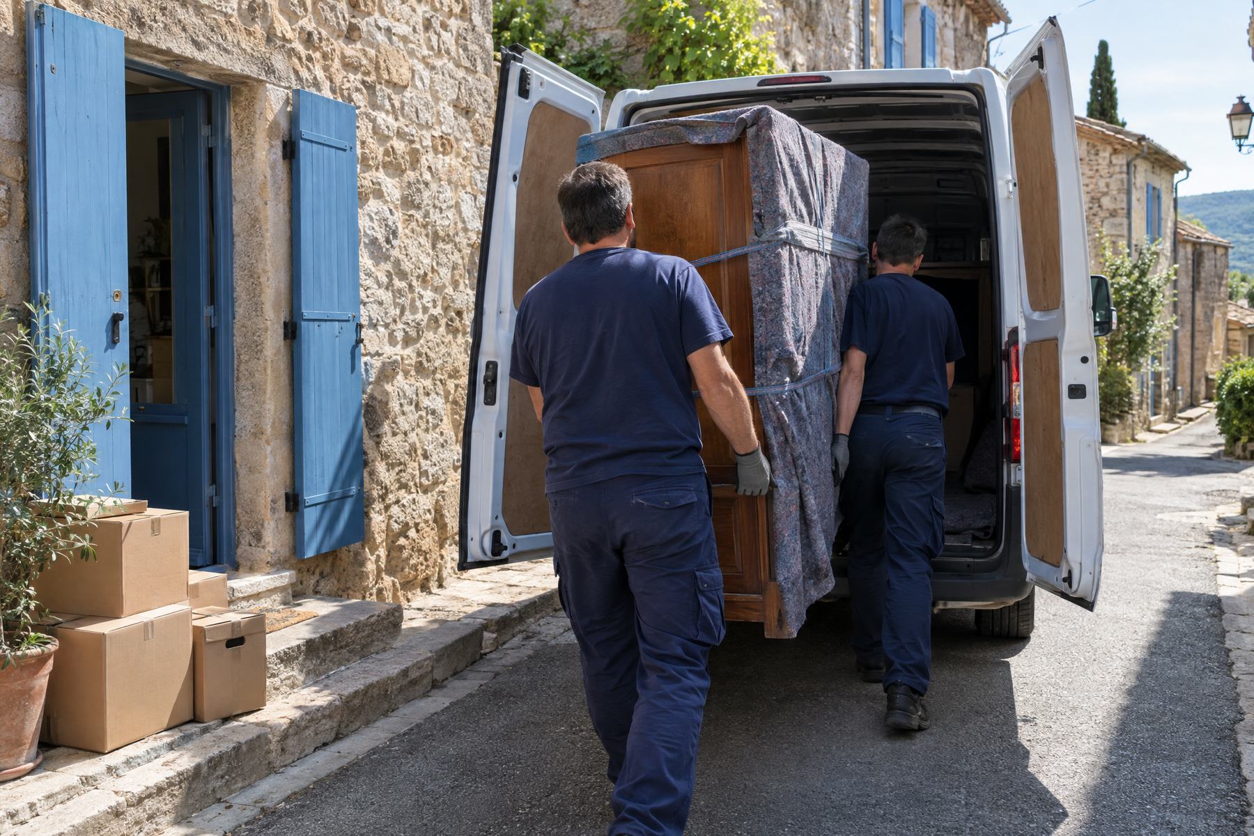 Deux intervenants chargent une armoire protégée par des couvertures dans un utilitaire devant une maison de village de l’Hérault
