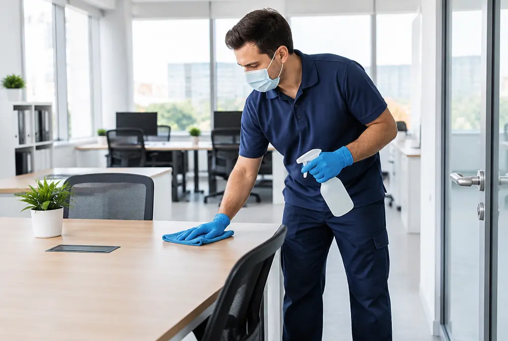 Technicien désinfectant les bureaux et surfaces de contact d’une entreprise