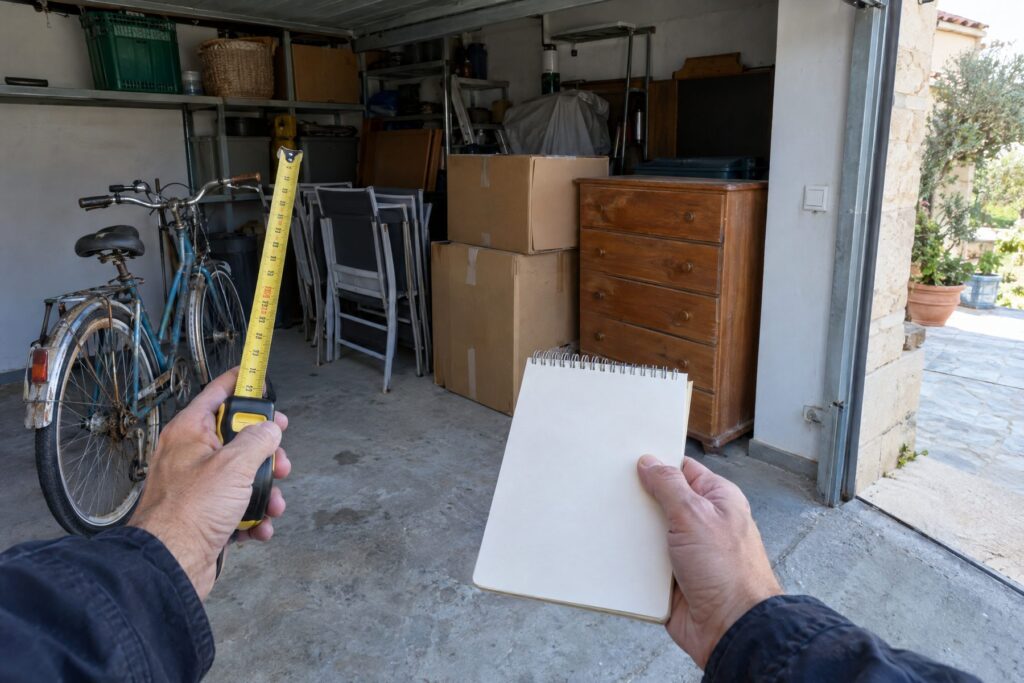 Mains tenant un mètre ruban et un bloc-notes devant des objets entreposés dans un garage