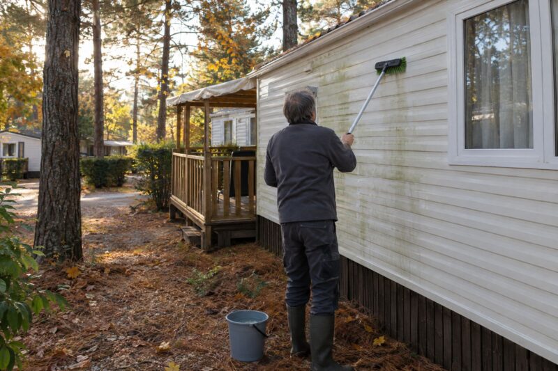 Intervenant nettoyant à la brosse douce le bardage d’un mobil-home sous les pins en automne