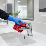 Main gantée essuyant un robinet chromé dans des sanitaires de bureaux propres