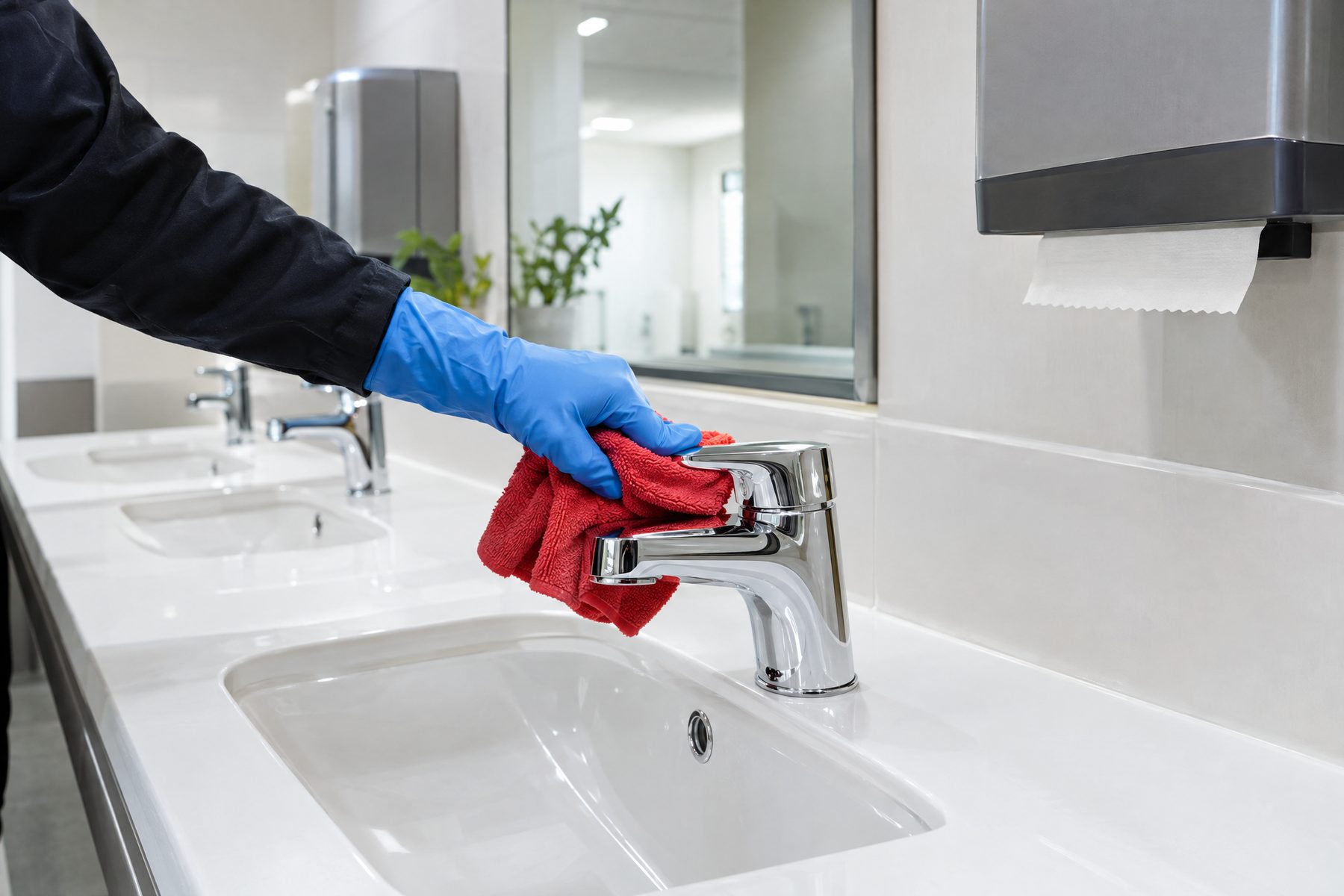 Main gantée essuyant un robinet chromé dans des sanitaires de bureaux propres